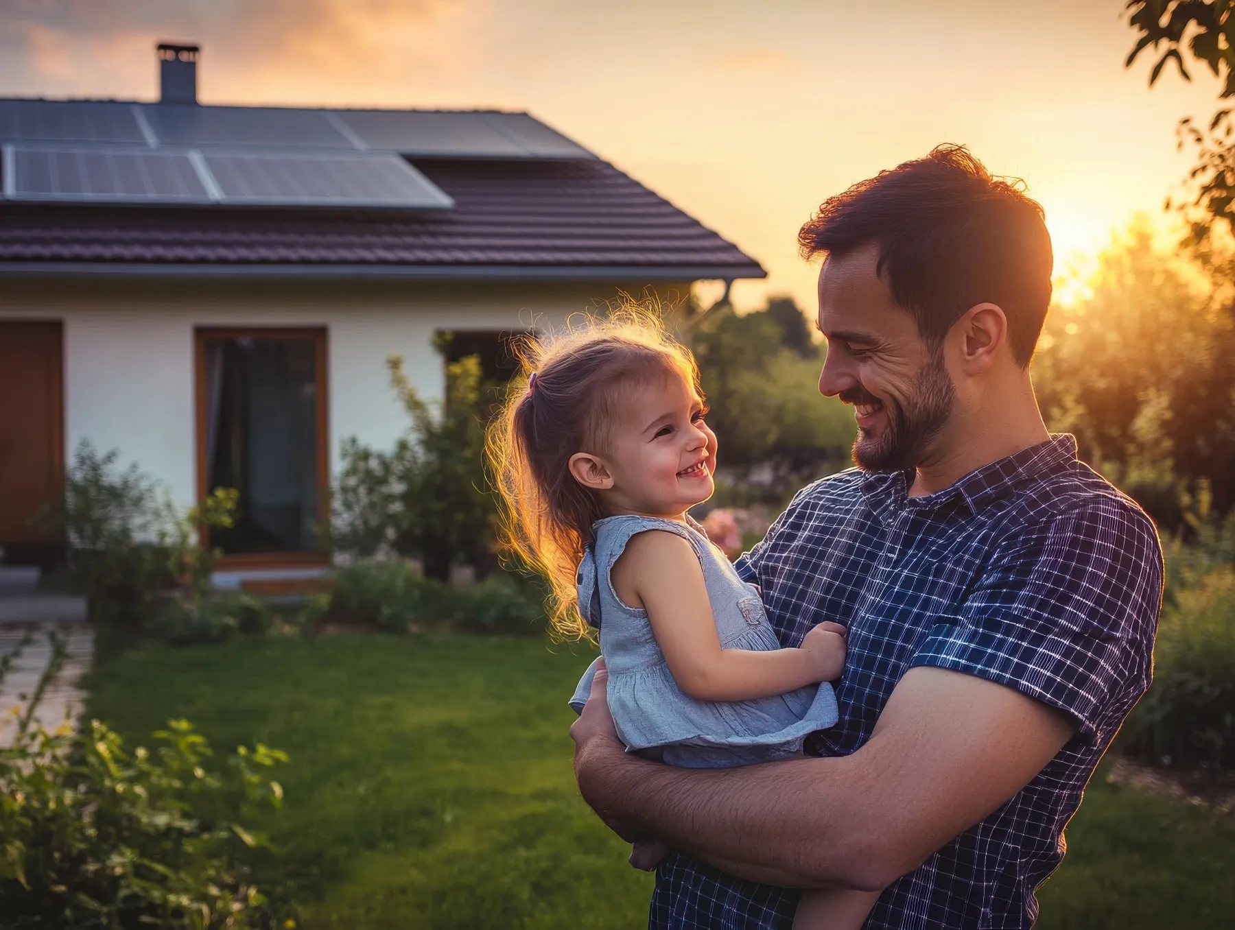 Vater mit Kind im Arm im Garten vor einem Einfamilienhaus mit Photovoltaik-Anlage auf dem Dach im Abendlicht