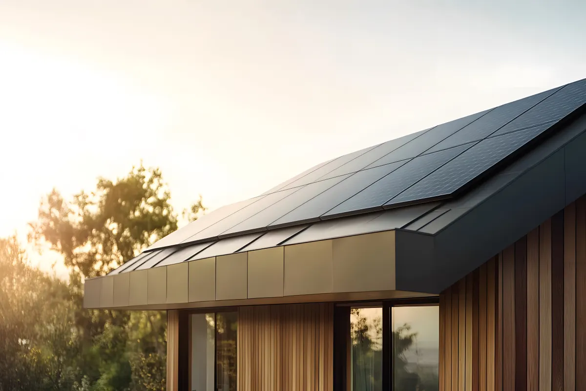 Modernes Holzhaus mit Photovoltaik-Modulen auf dem Dach im Abendlicht